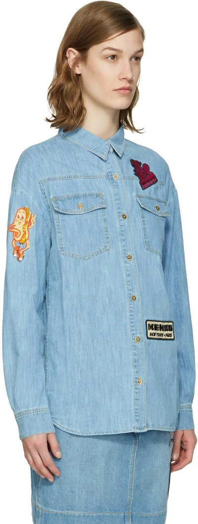 Shop Kenzo Blue Denim Cartoon Patches Shirt