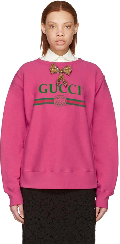 Shop Gucci Pink Bow Logo Pullover In 5113 Fuchsia
