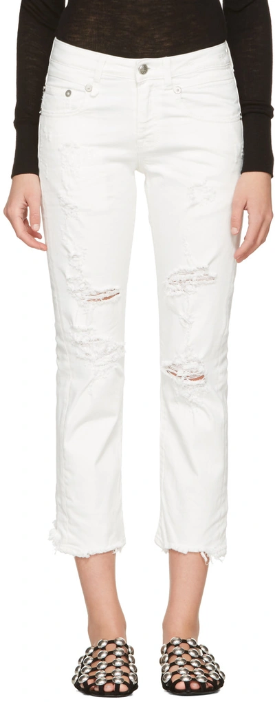 R13 White Shredded Straight Boy Jeans