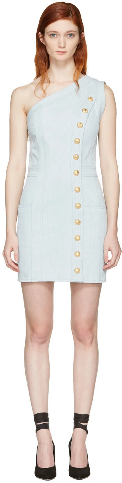 Balmain Woman One-shoulder Button-detailed Denim Mini Dress Sky Blue In Light Blue
