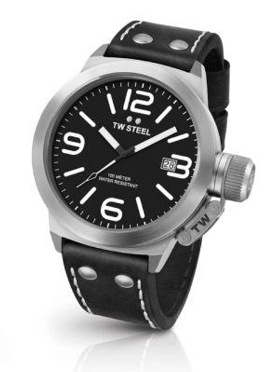 Shop Tw Steel Canteen 45mm Stainless Steel & Leather Strap Watch In Black