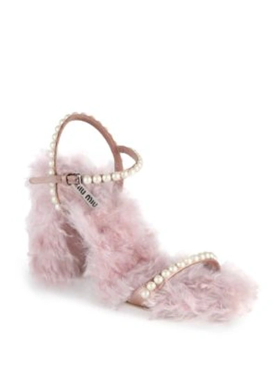 Shop Miu Miu Embellished Eco Shearling Ankle-strap Sandals In Pink