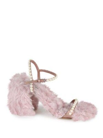 Shop Miu Miu Embellished Eco Shearling Ankle-strap Sandals In Pink
