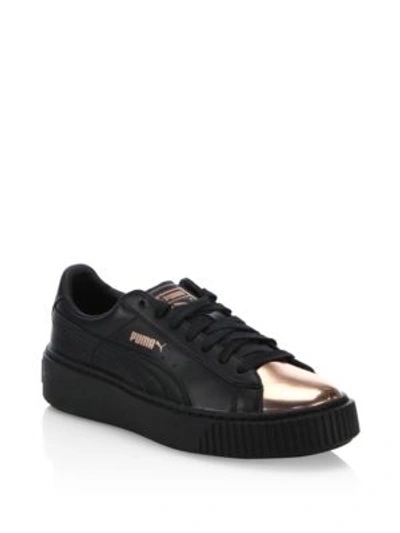 Shop Puma Leather Basket Platform Metallic Sneakers In  Black-rose Gold