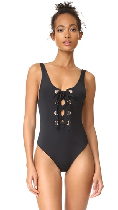 Shop Mara Hoffman Lace Up Front Maillot In Black