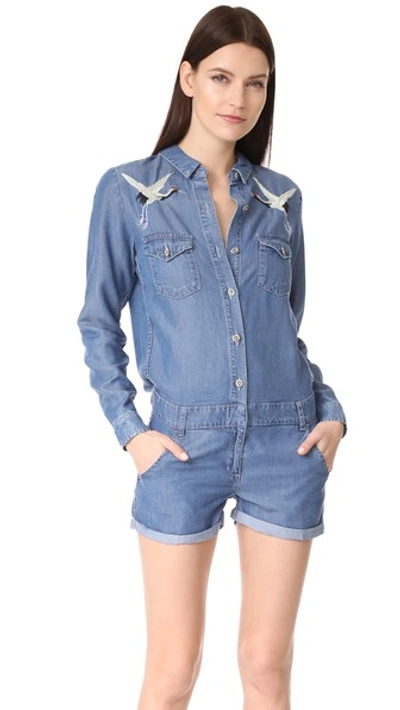 The Kooples Bird Embroidered Romper In Blue