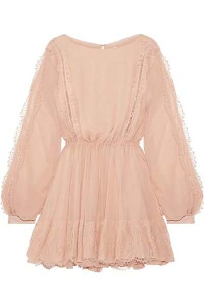 Shop Loveshackfancy Noelle Lace-trimmed Silk-georgette Mini Dress