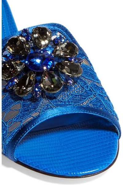 Shop Dolce & Gabbana Embellished Corded Lace And Lizard-effect Leather Slides In Cobalt Blue