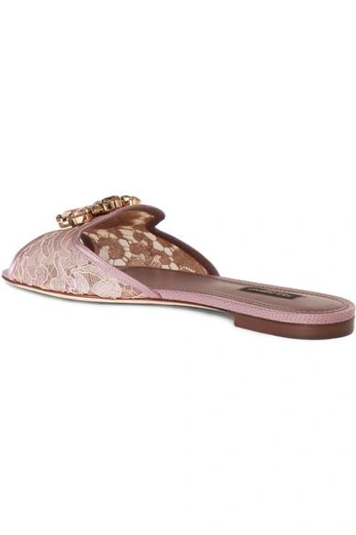 Shop Dolce & Gabbana Embellished Corded Lace And Lizard-effect Leather Slides In Antique Rose