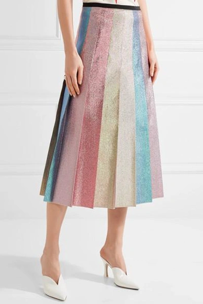 Shop Gucci Pleated Lamé Midi Skirt In Pastel Pink
