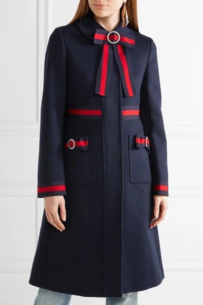 Shop Gucci Embellished Grosgrain-trimmed Wool Coat In Navy