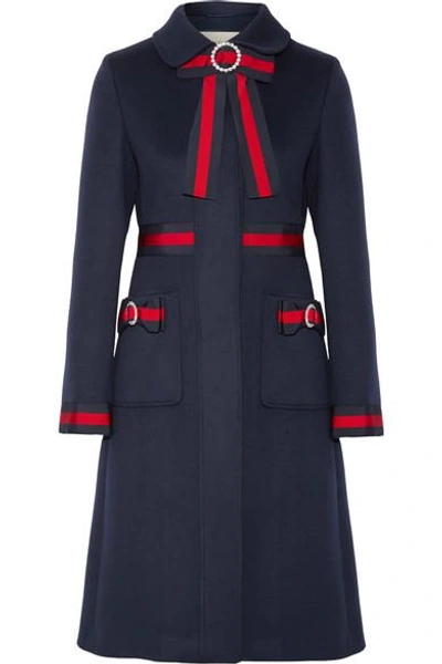 Shop Gucci Embellished Grosgrain-trimmed Wool Coat In Navy