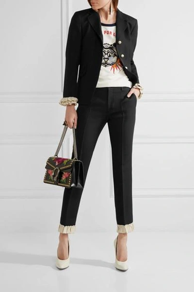 Shop Gucci Ruffle-trimmed Silk And Wool-blend Skinny Pants In Black