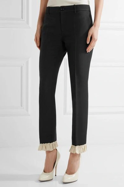 Shop Gucci Ruffle-trimmed Silk And Wool-blend Skinny Pants In Black
