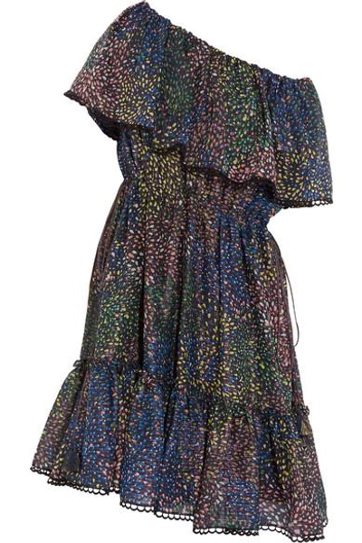 Shop Chloé Firework Off-the-shoulder Printed Cotton-blend Mini Dress In Blue