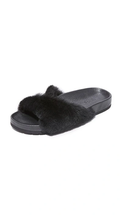 Vince Garrison Shearling-trimmed Leather Slides In Black