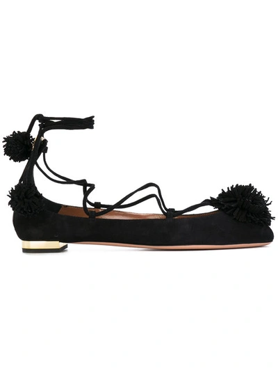 Aquazzura Sunshine Suede Ankle-wrap Flat, Black In Blacknero