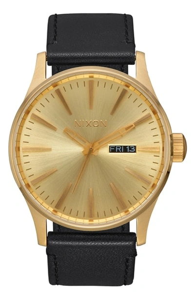 Shop Nixon The Sentry Leather Strap Watch, 42mm In Black/ Gold