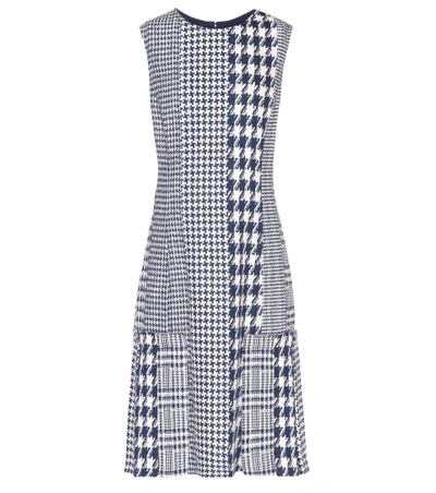 Oscar De La Renta Sleeveless Mixed-media Houndstooth Dress, Blue Pattern In Lapis