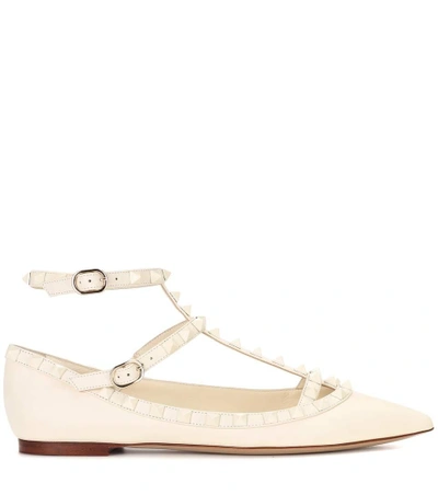 Shop Valentino Rockstud Leather Ballerinas In White