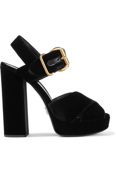 Shop Prada Velvet Platform Sandals In Black