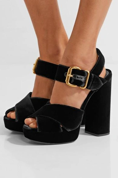 Shop Prada Velvet Platform Sandals In Black