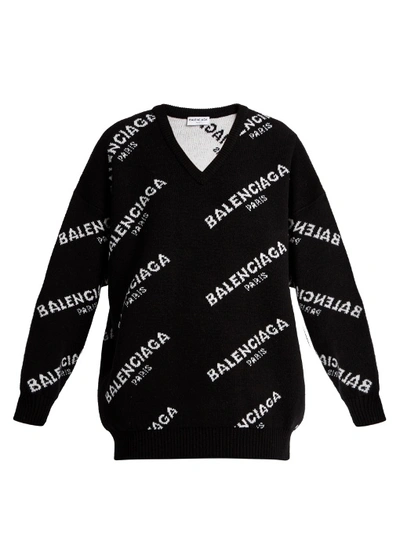 Balenciaga All Over Logo V-neck Sweater In Black