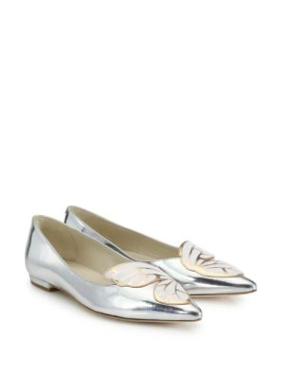 Shop Sophia Webster Bibi Butterfly-embroidered Metallic Leather Flats In Silver-gold