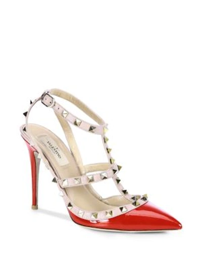 Shop Valentino Patent Leather Rockstud Slingbacks In Red