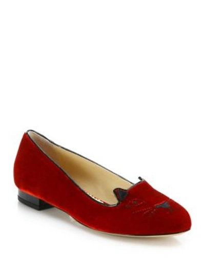 Charlotte Olympia Kitty Embroidered Velvet Slippers In Red | ModeSens