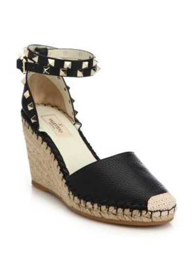 Shop Valentino Rockstud Leather D'orsay Espadrille Flats In Black-ivory