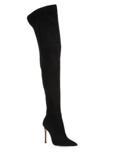 Shop Gianvito Rossi Lea Cuissard Over-the-knee Suede Point Toe Boots In Black