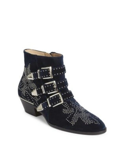 Shop Chloé Susanna Studded Velvet Ankle Boots In Blue Lagoon