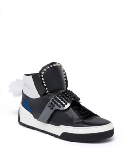 Shop Fendi Karlito Studded High-top   Leather Trainers In Black White