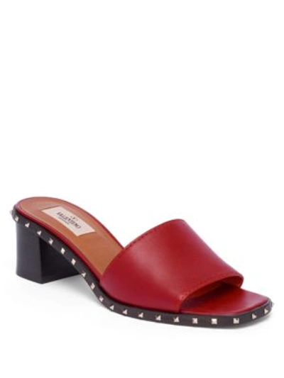 Shop Valentino Soul Rockstud Leather Block Heel Slides In Red