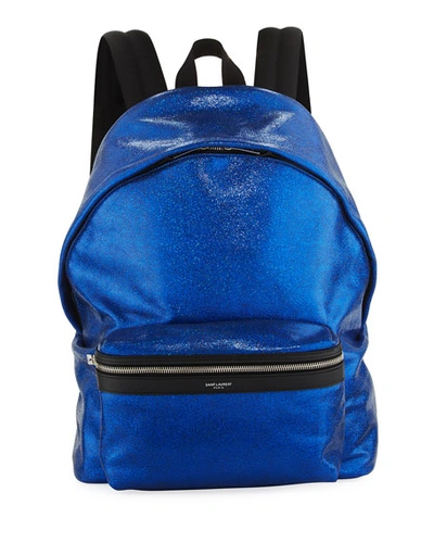 Saint Laurent City Cracked Metallic Leather Backpack, Blue