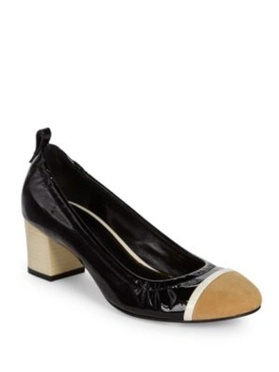 Shop Lanvin Cube-heel Patent Leather Cap Toe Ballet Pumps In Black-multi