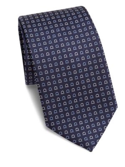 Shop Ferragamo Small Gancini Embroidered Silk Tie In Blue