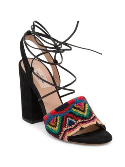 Shop Valentino Native Embroidered Suede Lace-up Ankle-wrap Sandals In Multicolor