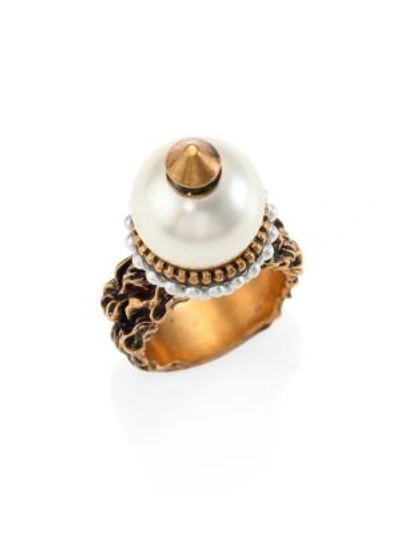 Shop Gucci Faux-pearl Beaded Ring In Gold