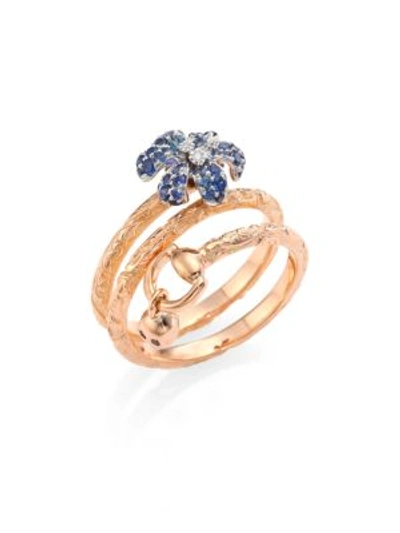 Gucci Flora Ring With Sapphires In White, Rose Gold