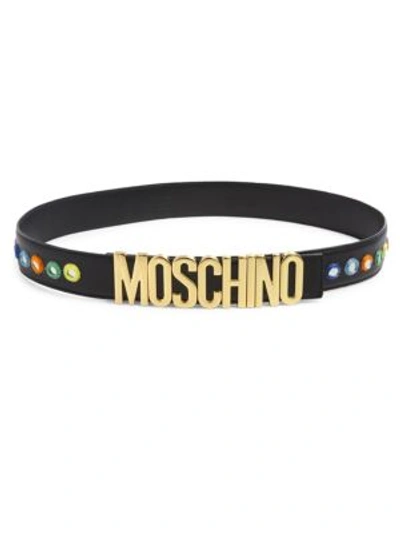 Shop Moschino Embroidered Mirror Logo Belt In Black Multicolor