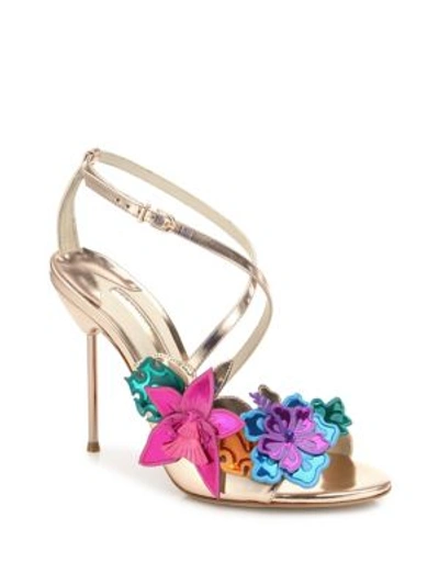 Shop Sophia Webster Hula Floral-embellished Metallic Leather Crisscross Sandals In Rose-gold