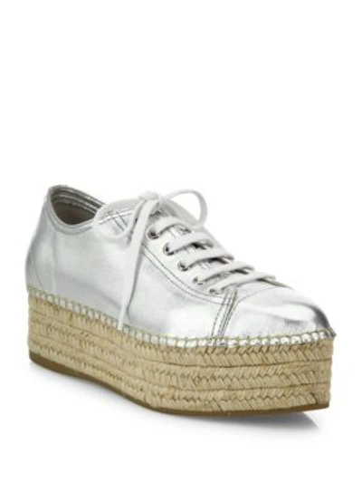 Shop Miu Miu Metallic Leather Espadrille Platform Sneakers In Silver