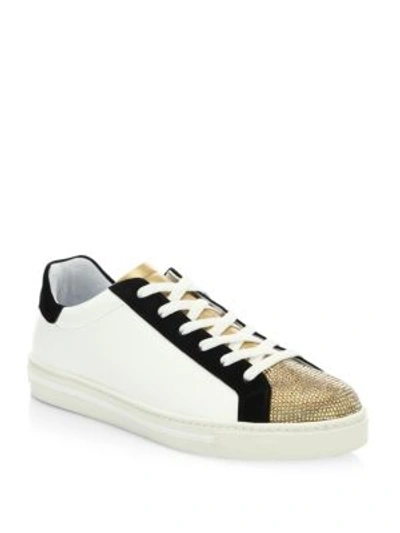 Shop René Caovilla Crystal-embellished Leather & Suede Low-top Sneakers In White Black Gold