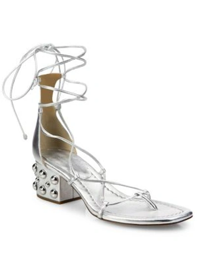 Michael Kors Ayers Metallic Leather Lace-up Block Heel Sandals In Silver