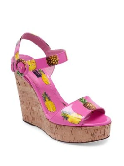 Dolce & Gabbana Pineapple Patent Leather & Cork Wedge Sandals In Pineapple Print