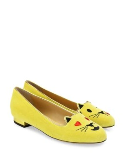 Shop Charlotte Olympia Velvet Flirty Emoticon Kitty Flats In Mellow Yellow