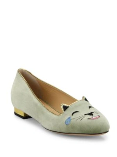 Shop Charlotte Olympia Velvet Lol Emoticon Kitty Flats In Pistachio