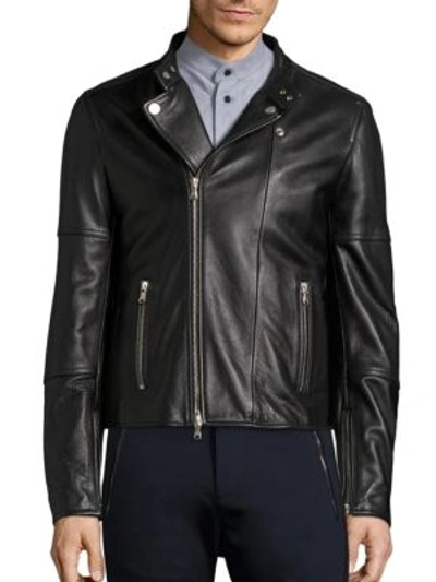 Shop Diesel Long Sleeve Leather Moto Jacket In Black